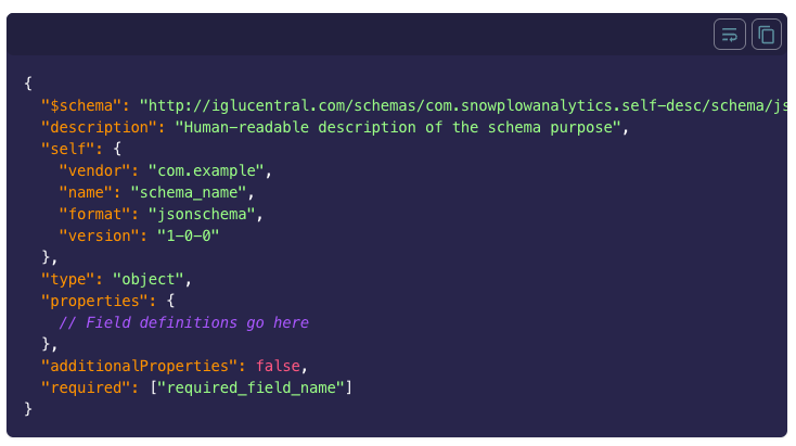 Code snippet showing a JSON schema with schema URL, description, vendor, name, format, version, type object, properties placeholder, additionalProperties false, and required field array.