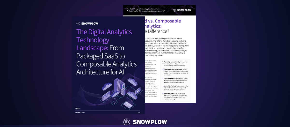 Cover of Snowplow report titled 'The Digital Analytics Technology Landscape: From Packaged SaaS to Composable Analytics Architecture for AI' with an illustration of cloud-connected devices and buildings, alongside a partially visible page discussing packaged vs. composable analytics.